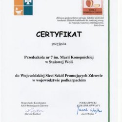 Certyfikat przyjęcia Przedszkola do Wojewódzkiej Sieci Szkół Promujących Zdrowie - Wrzesień 2011 - Rzeszów 